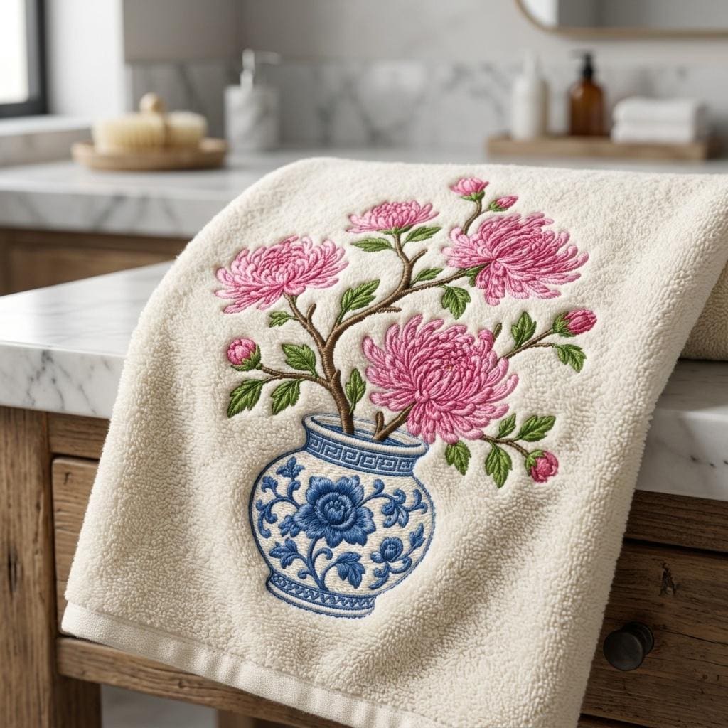 Pink Chrysanthemum Chinoiserie Vase Embroidery Design, Blue White Botanical Flower Machine File, 5 sizes, Digital Download - image 5