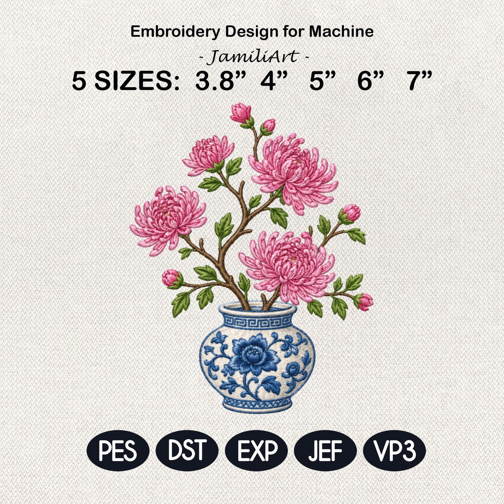 Pink Chrysanthemum Chinoiserie Vase Embroidery Design, Blue White Botanical Flower Machine File, 5 sizes, Digital Download