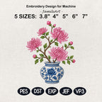 Pink Chrysanthemum Chinoiserie Vase Embroidery Design, Blue White Botanical Flower Machine File, 5 sizes, Digital Download