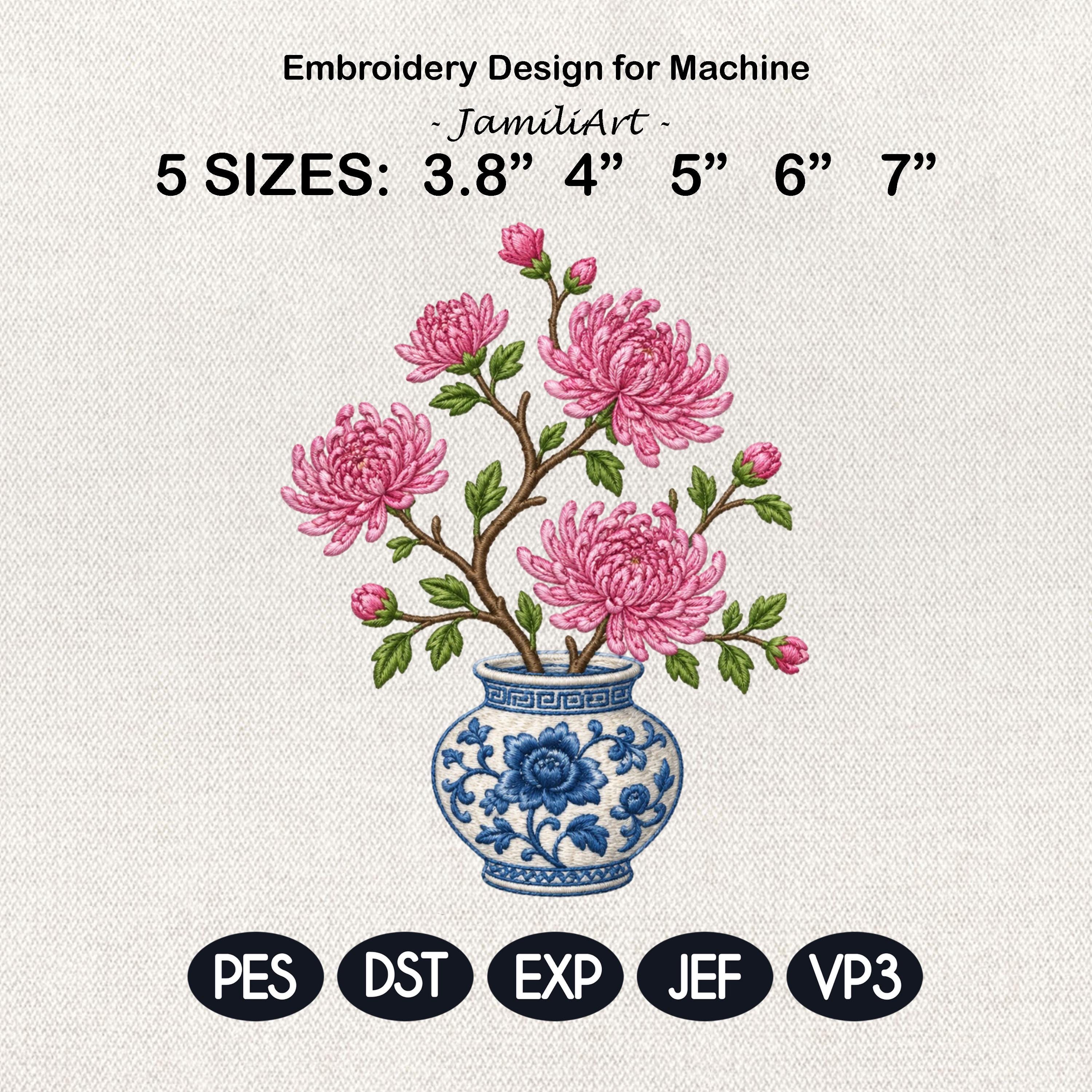 Pink Chrysanthemum Chinoiserie Vase Embroidery Design, Blue White Botanical Flower Machine File, 5 sizes, Digital Download