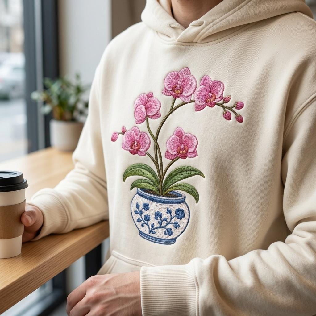 Pink Orchid Chinoiserie Pot Embroidery Design, Blue White Flower Planter Machine Embroidery File, 5 sizes, Digital Download - image 3