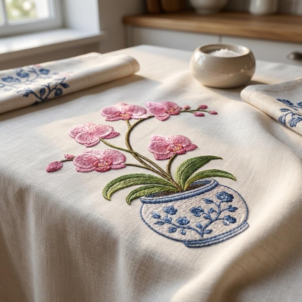 Pink Orchid Chinoiserie Pot Embroidery Design, Blue White Flower Planter Machine Embroidery File, 5 sizes, Digital Download - image 4