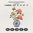 Coral Camellia Chinoiserie Vase Embroidery Design, Blue White Botanical Floral Machine File, 5 sizes, Digital Download