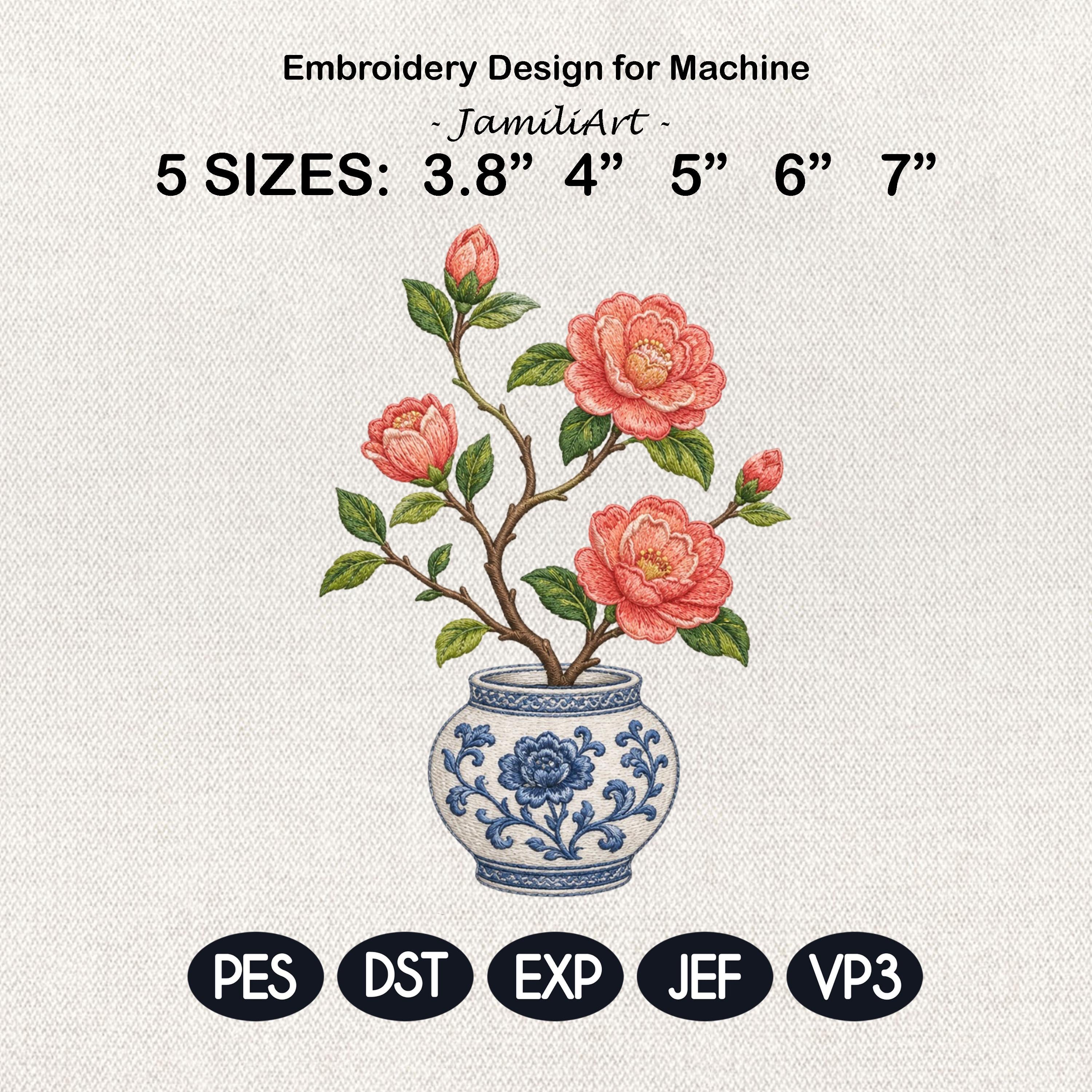Coral Camellia Chinoiserie Vase Embroidery Design, Blue White Botanical Floral Machine File, 5 sizes, Digital Download