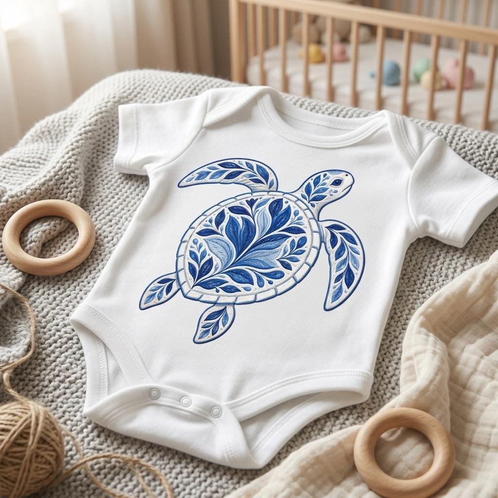 Turtle Embroidery File – Ornate Chinoiserie Sea Turtle, Coastal Ocean Decor, Blue Decorative Stitch Design, 5 sizes, Digital Download - image 4