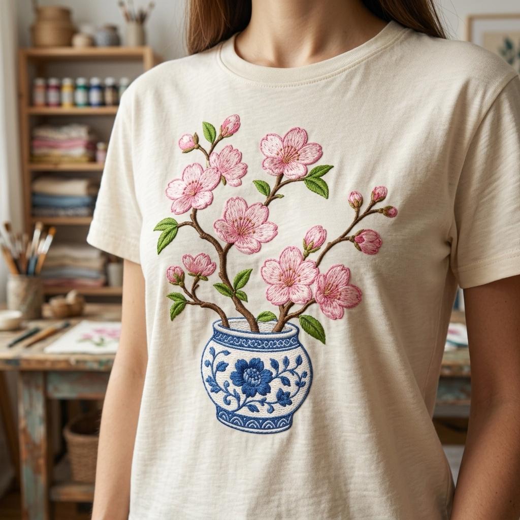 Pink Cherry Blossom Chinoiserie Vase Embroidery Design, Blue White Floral Tree Machine File, 5 sizes, Digital Download - image 4