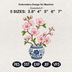 Pink Cherry Blossom Chinoiserie Vase Embroidery Design, Blue White Floral Tree Machine File, 5 sizes, Digital Download