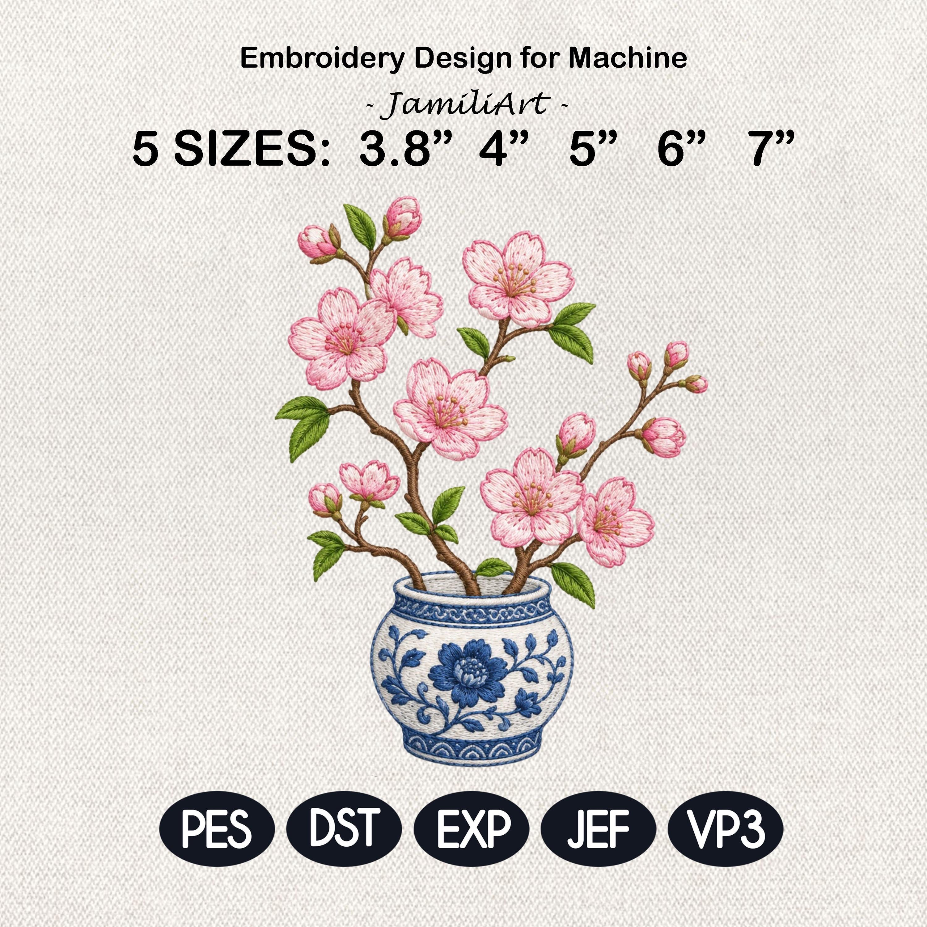 Pink Cherry Blossom Chinoiserie Vase Embroidery Design, Blue White Floral Tree Machine File, 5 sizes, Digital Download