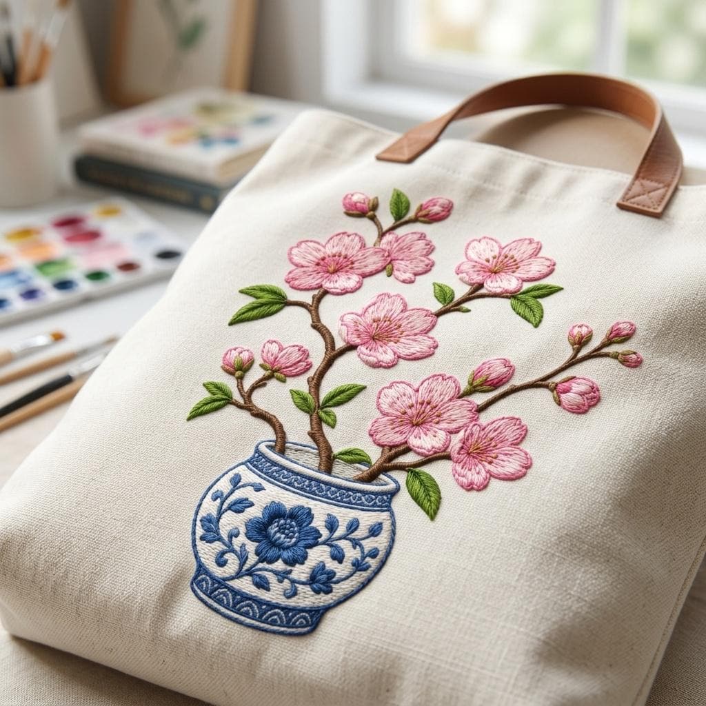 Pink Cherry Blossom Chinoiserie Vase Embroidery Design, Blue White Floral Tree Machine File, 5 sizes, Digital Download - image 7
