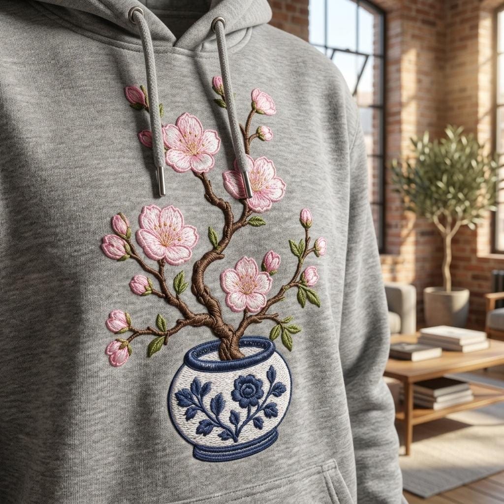 Sakura Blossom Chinoiserie Vase Embroidery Design, Pink Floral Branch Blue White Pottery File, 5 sizes, Digital Download - image 3