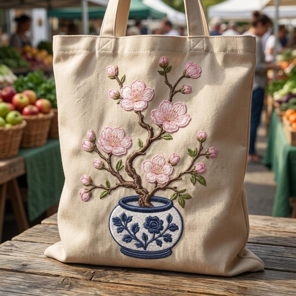 Sakura Blossom Chinoiserie Vase Embroidery Design, Pink Floral Branch Blue White Pottery File, 5 sizes, Digital Download - image 7