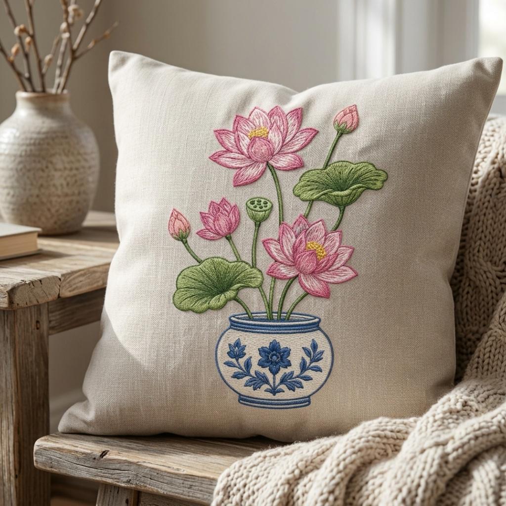 Pink Lotus Chinoiserie Vase Embroidery Design, Blue White Botanical Flower Machine Embroidery File, 5 sizes, Digital Download - image 6
