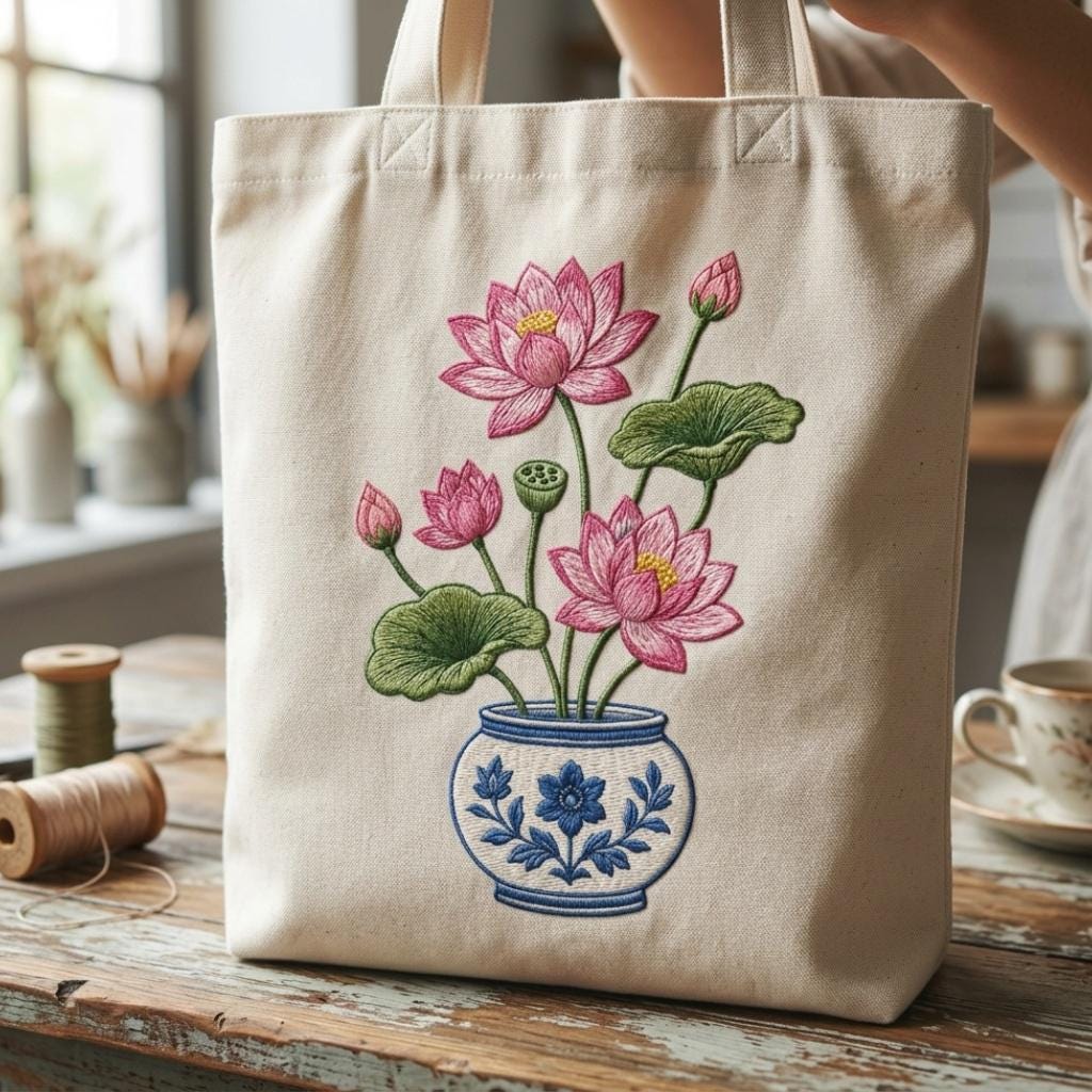 Pink Lotus Chinoiserie Vase Embroidery Design, Blue White Botanical Flower Machine Embroidery File, 5 sizes, Digital Download - image 7