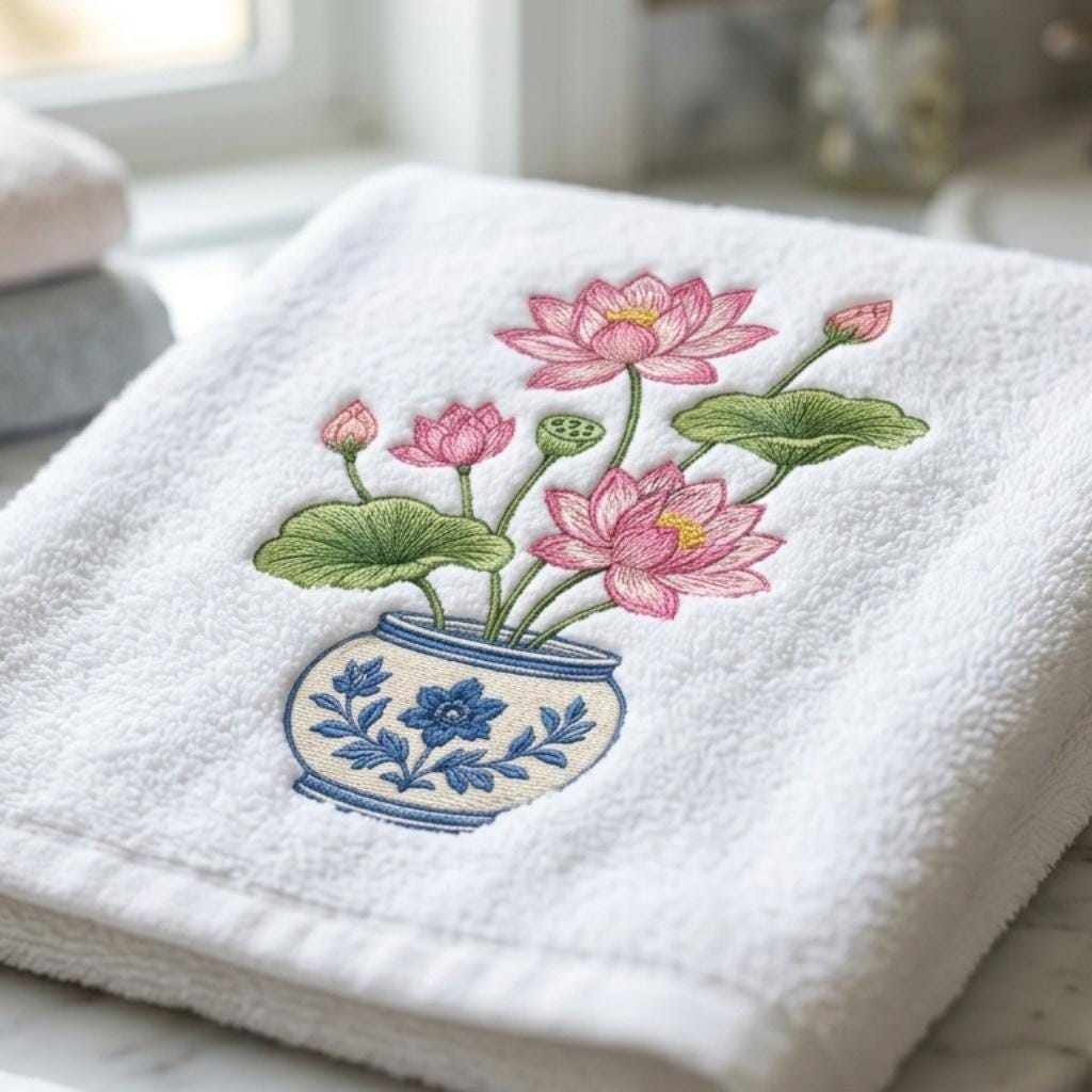 Pink Lotus Chinoiserie Vase Embroidery Design, Blue White Botanical Flower Machine Embroidery File, 5 sizes, Digital Download - image 5