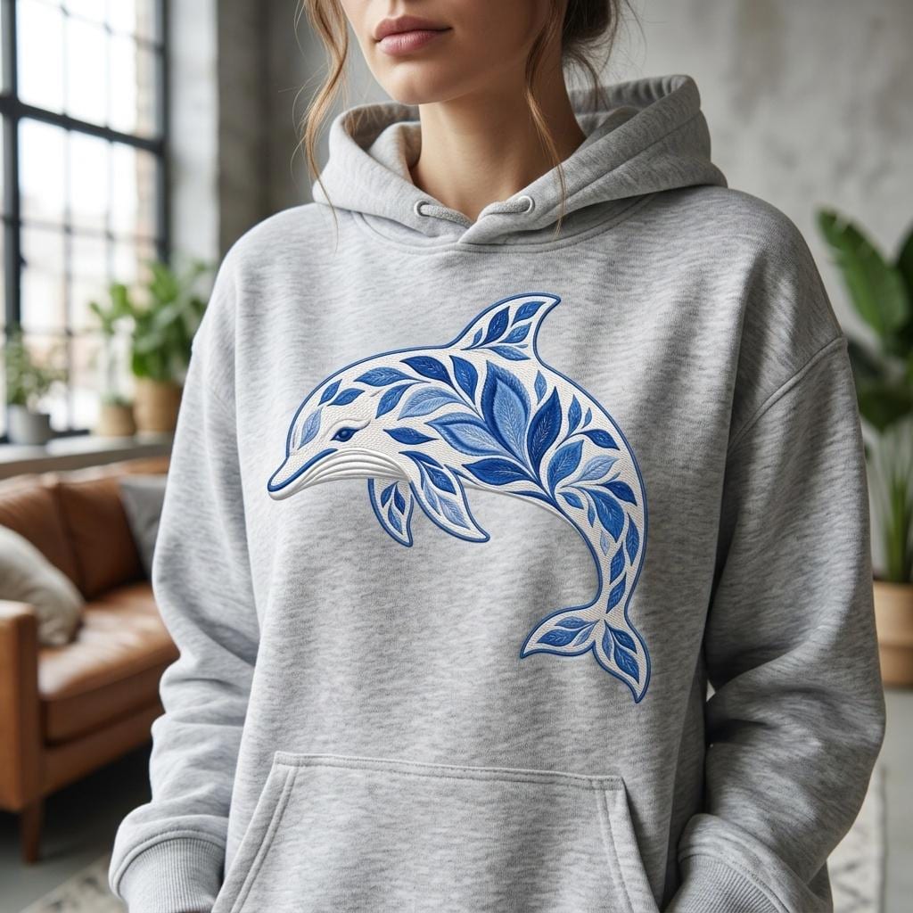 Chinoiserie Dolphin Embroidery Design, Blue Ocean Dolphin, Decorative Sea Creature File, Nautical Coastal Stitch, 5 sizes, Digital Download - image 4