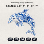 Chinoiserie Dolphin Embroidery Design, Blue Ocean Dolphin, Decorative Sea Creature File, Nautical Coastal Stitch, 5 sizes, Digital Download