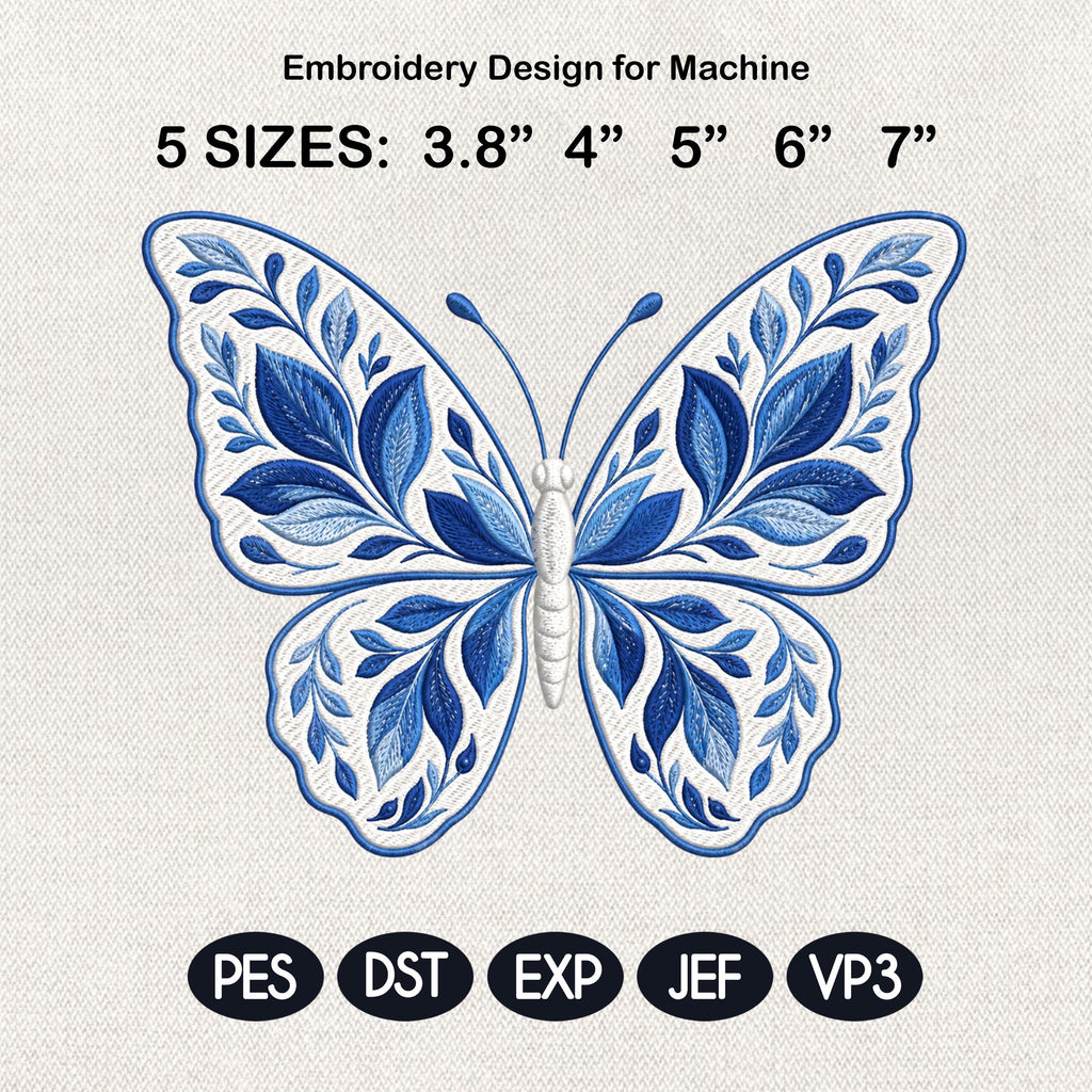 Chinoiserie Butterfly Embroidery File, Ornate Chinoiserie Floral Butterfly, Decorative Garden Nature Stitch, 5 sizes, Digital Download