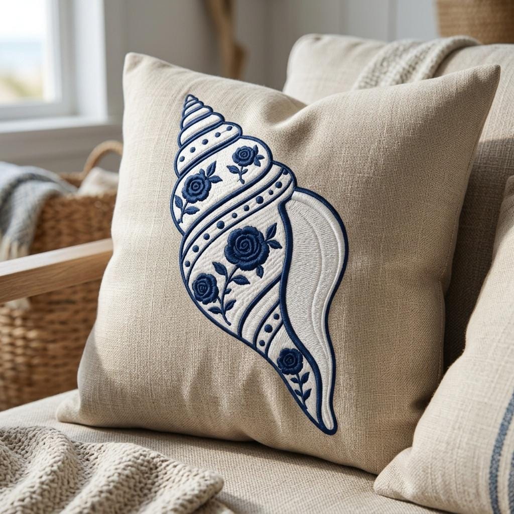 Floral Chinoiserie Conch Shell Embroidery Design, Blue White Nautical Seashell Machine File, 5 sizes, Digital Download - image 7