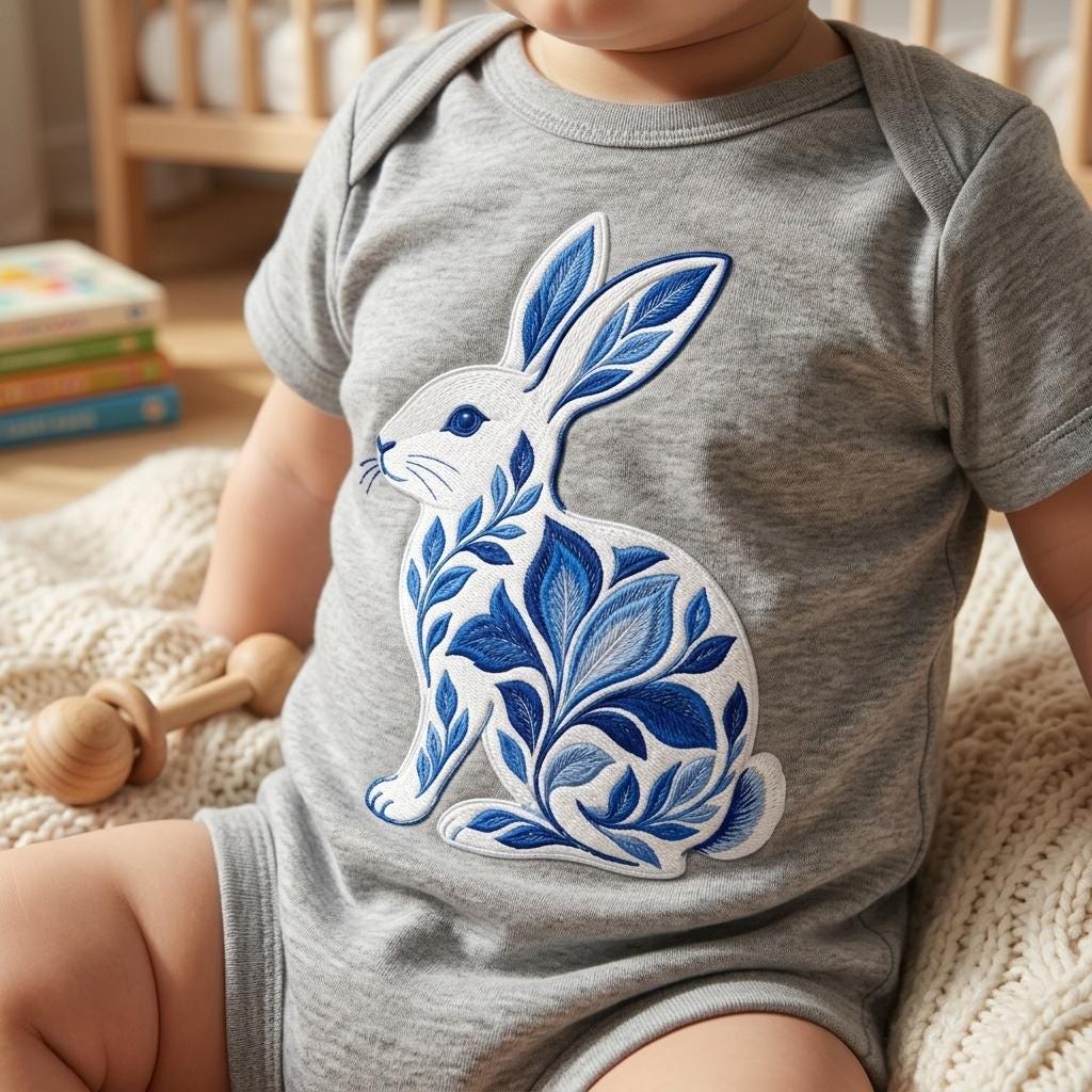 Chinoiserie Bunny Embroidery Design, Blue Decorative Rabbit File, Ornate Floral Rabbit, Coastal Nursery Pattern, 5 sizes, Digital Download - image 4