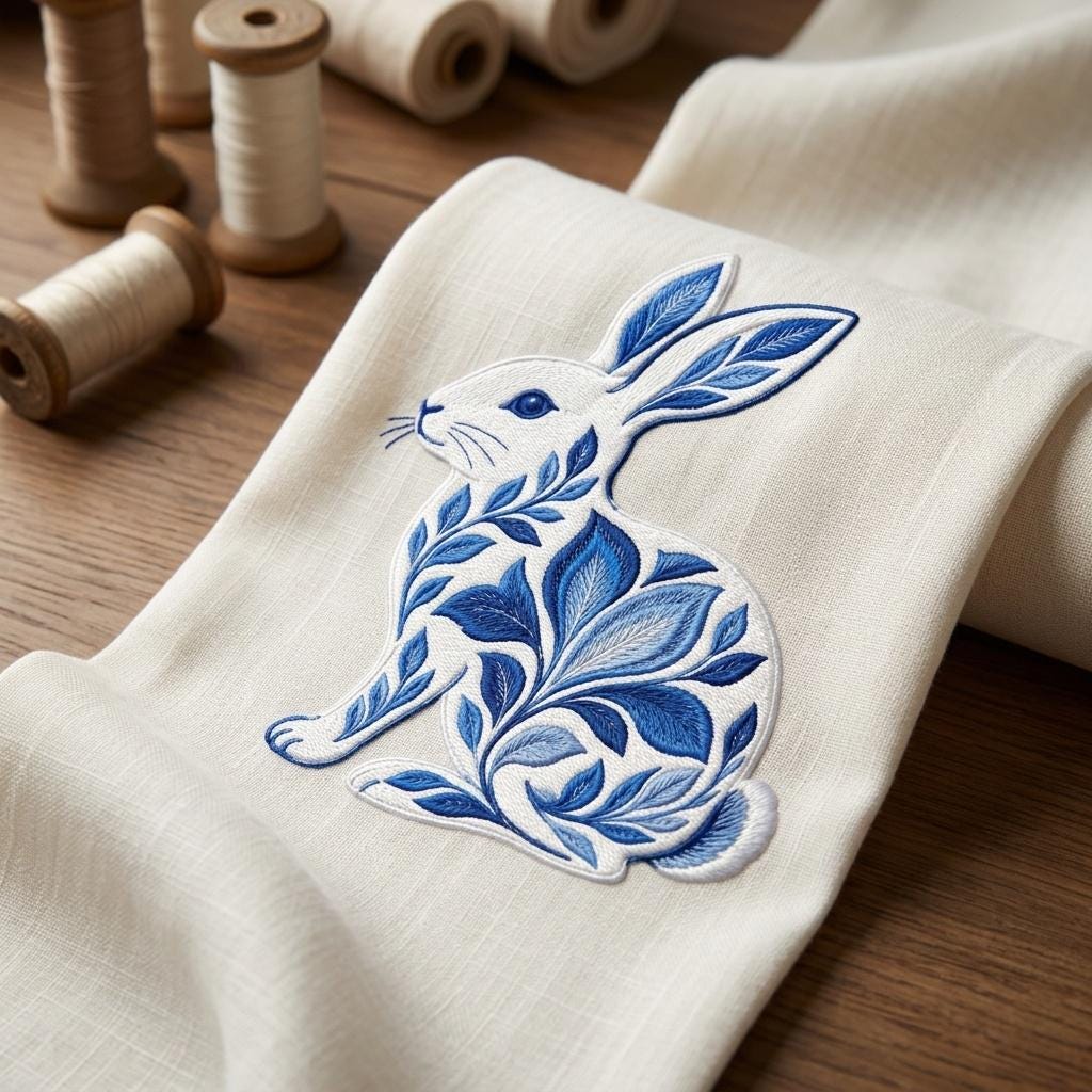 Chinoiserie Bunny Embroidery Design, Blue Decorative Rabbit File, Ornate Floral Rabbit, Coastal Nursery Pattern, 5 sizes, Digital Download - image 7