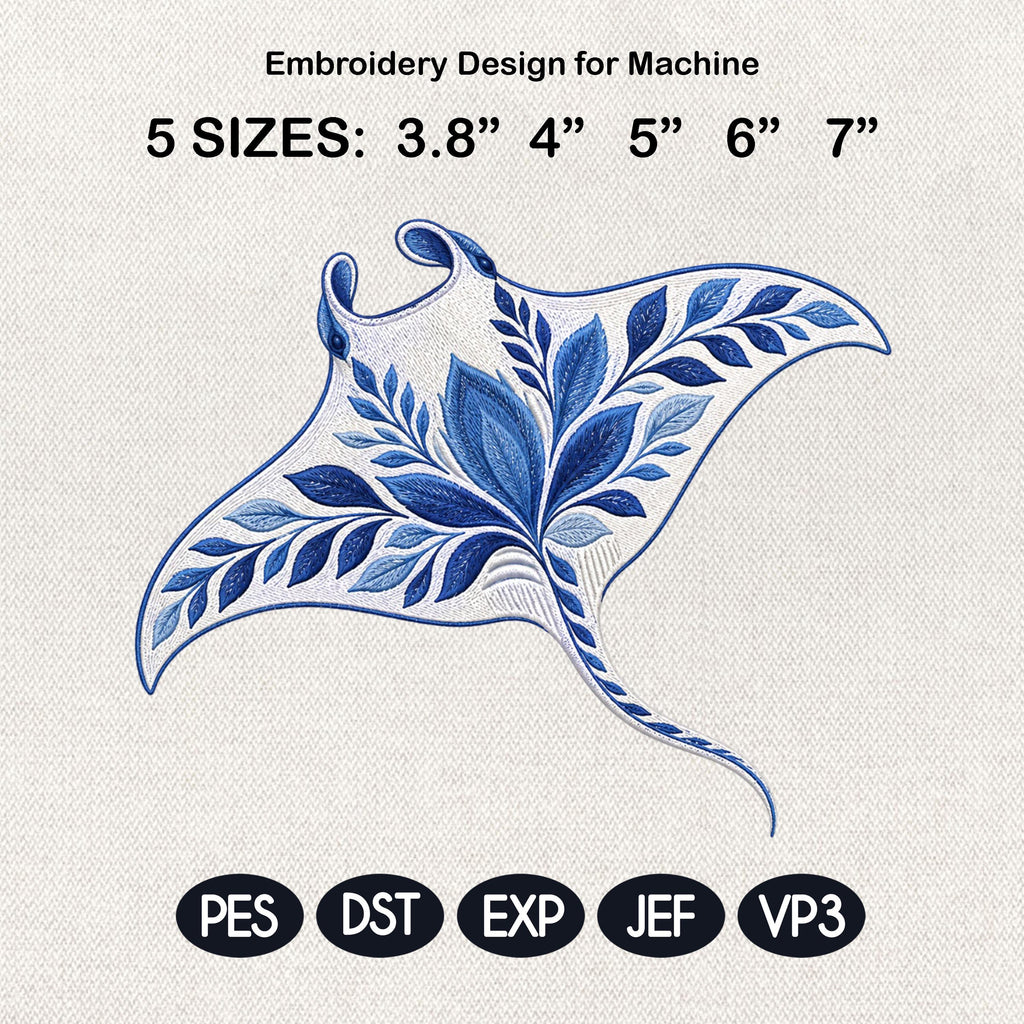 Chinoiserie Stingray Embroidery File, Ornate Ocean Fish, Blue Floral Stingray, Coastal Sea Life Decorative Stitch, 5 sizes, Digital Download