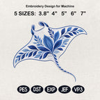 Chinoiserie Stingray Embroidery File, Ornate Ocean Fish, Blue Floral Stingray, Coastal Sea Life Decorative Stitch, 5 sizes, Digital Download