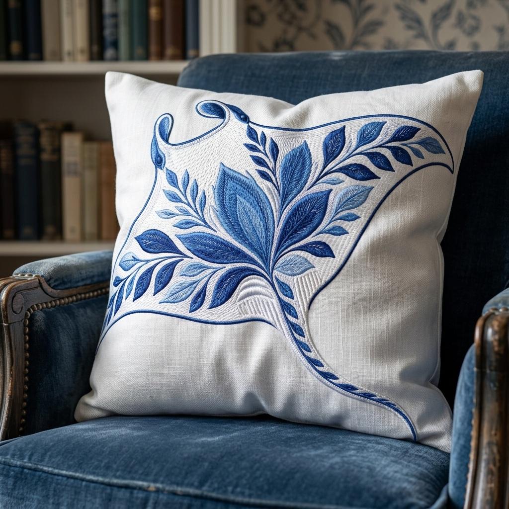 Chinoiserie Stingray Embroidery File, Ornate Ocean Fish, Blue Floral Stingray, Coastal Sea Life Decorative Stitch, 5 sizes, Digital Download - image 7
