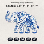 Chinoiserie Elephant Embroidery File, Ornate Blue Elephant Machine Embroidery, Jungle Animal Decorative Stitch, 5 sizes, Digital Download