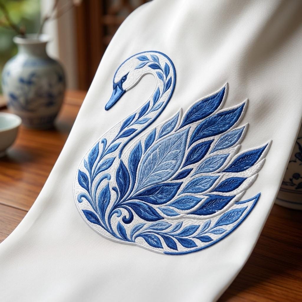 Chinoiserie Swan Embroidery File, Ornate Blue Swan Machine Embroidery, Elegant Decorative Bird Stitch, 5 sizes, Digital Download - image 3