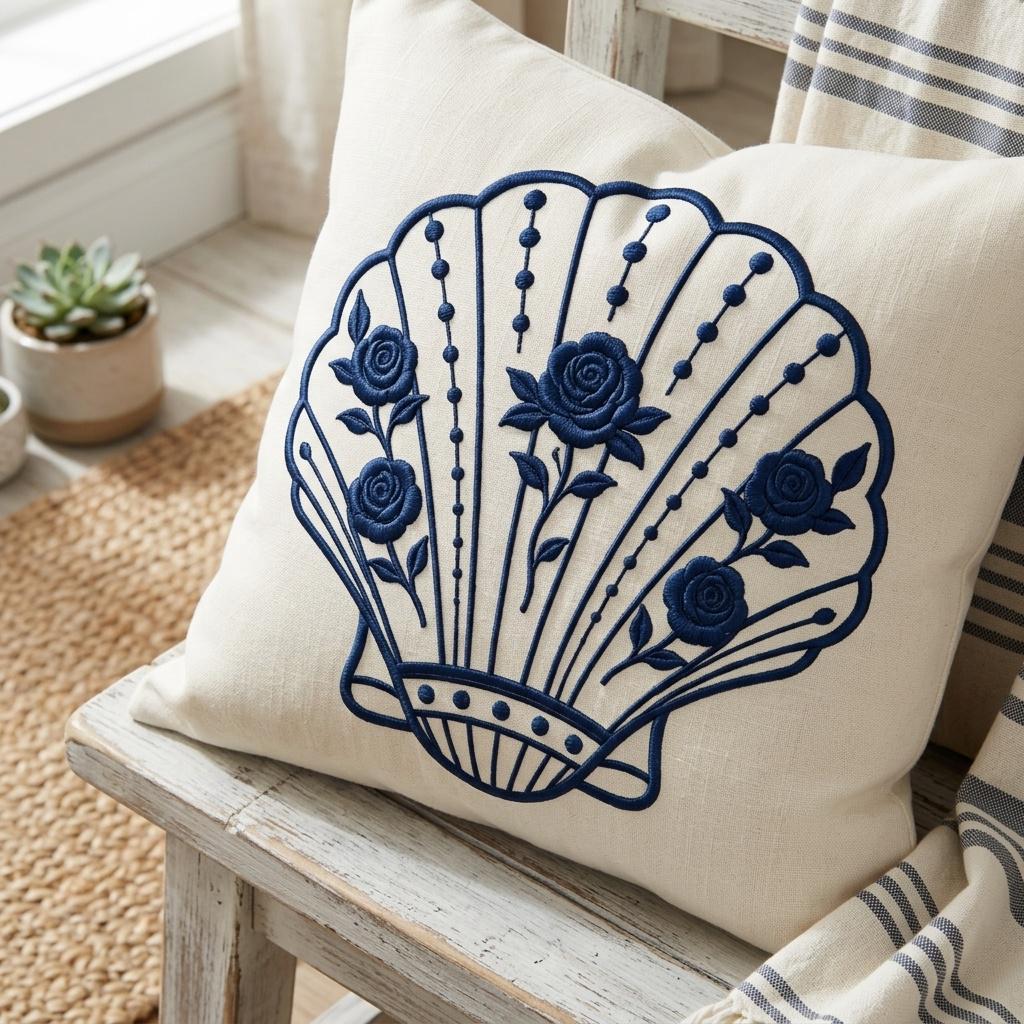 Blue Floral Scallop Shell Embroidery Design, Chinoiserie Coastal Seashell Machine File, 5 sizes, Digital Download - image 6