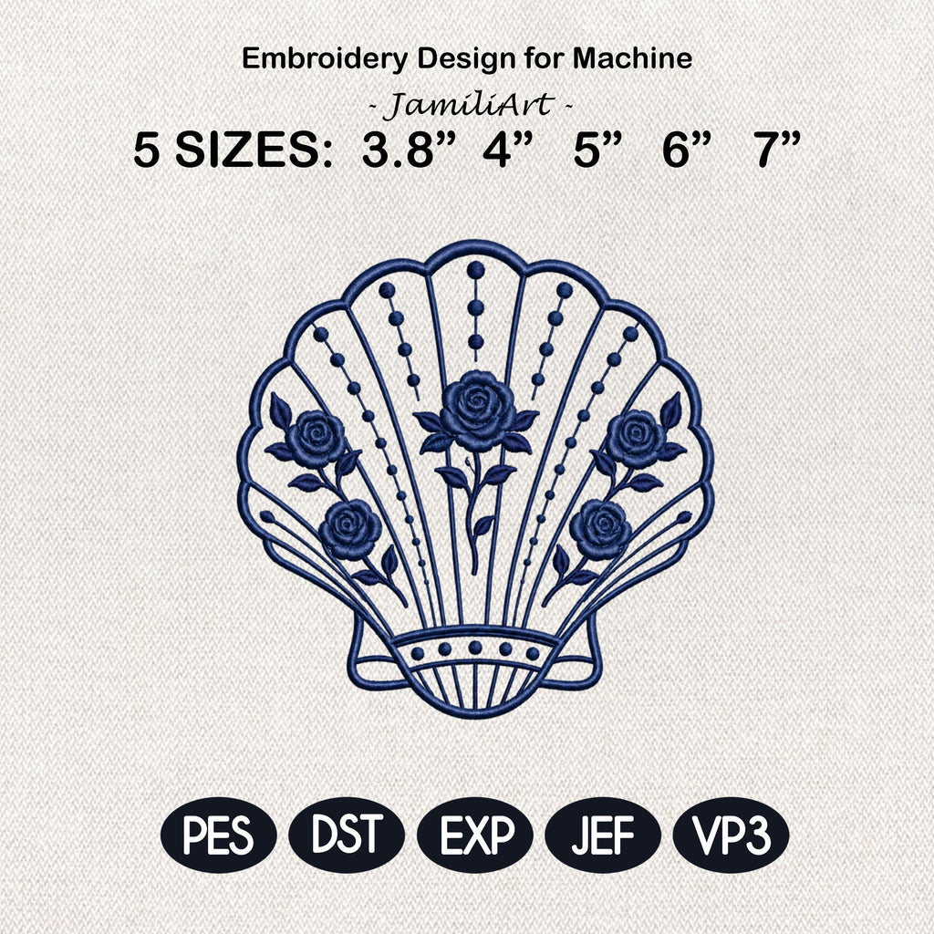 Blue Floral Scallop Shell Embroidery Design, Chinoiserie Coastal Seashell Machine File, 5 sizes, Digital Download