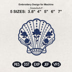 Blue Floral Scallop Shell Embroidery Design, Chinoiserie Coastal Seashell Machine File, 5 sizes, Digital Download