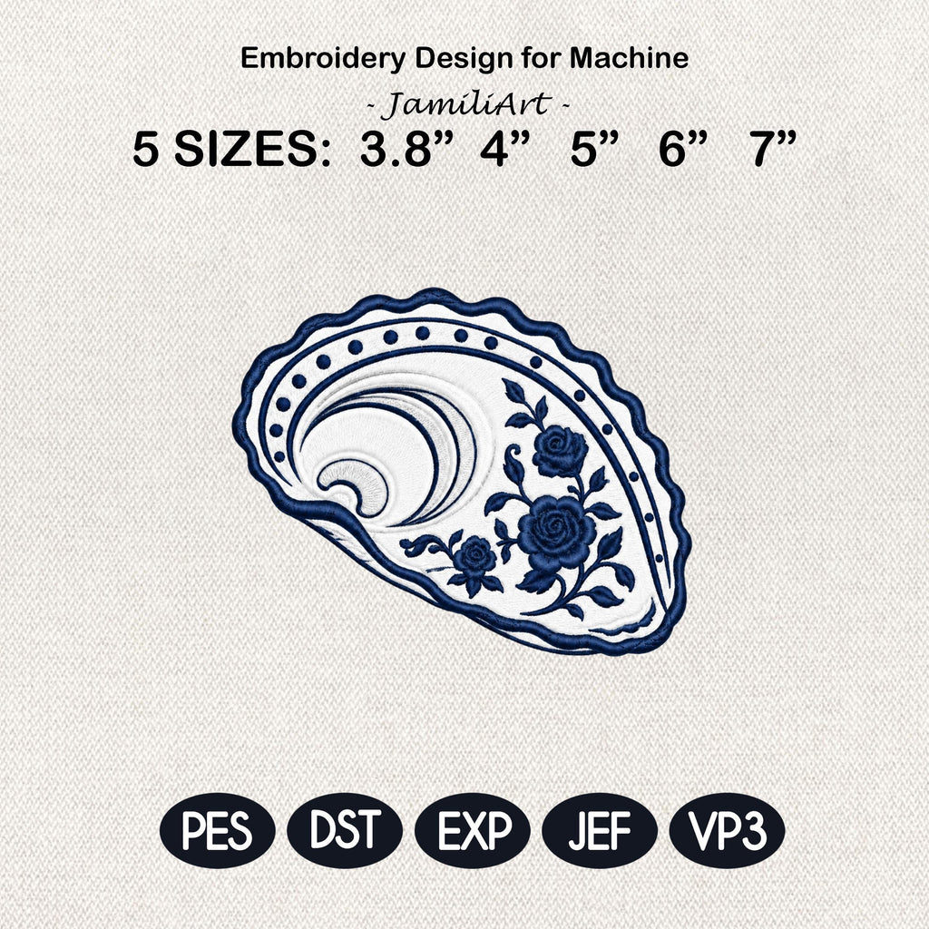 Chinoiserie Oyster Shell Embroidery Design, Blue White Floral Coastal Machine Embroidery File, 5 sizes, Digital Download