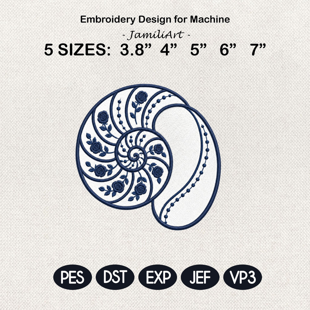 Blue Chinoiserie Nautilus Shell Embroidery Design, Floral Coastal Seashell Machine File, 5 sizes, Digital Download