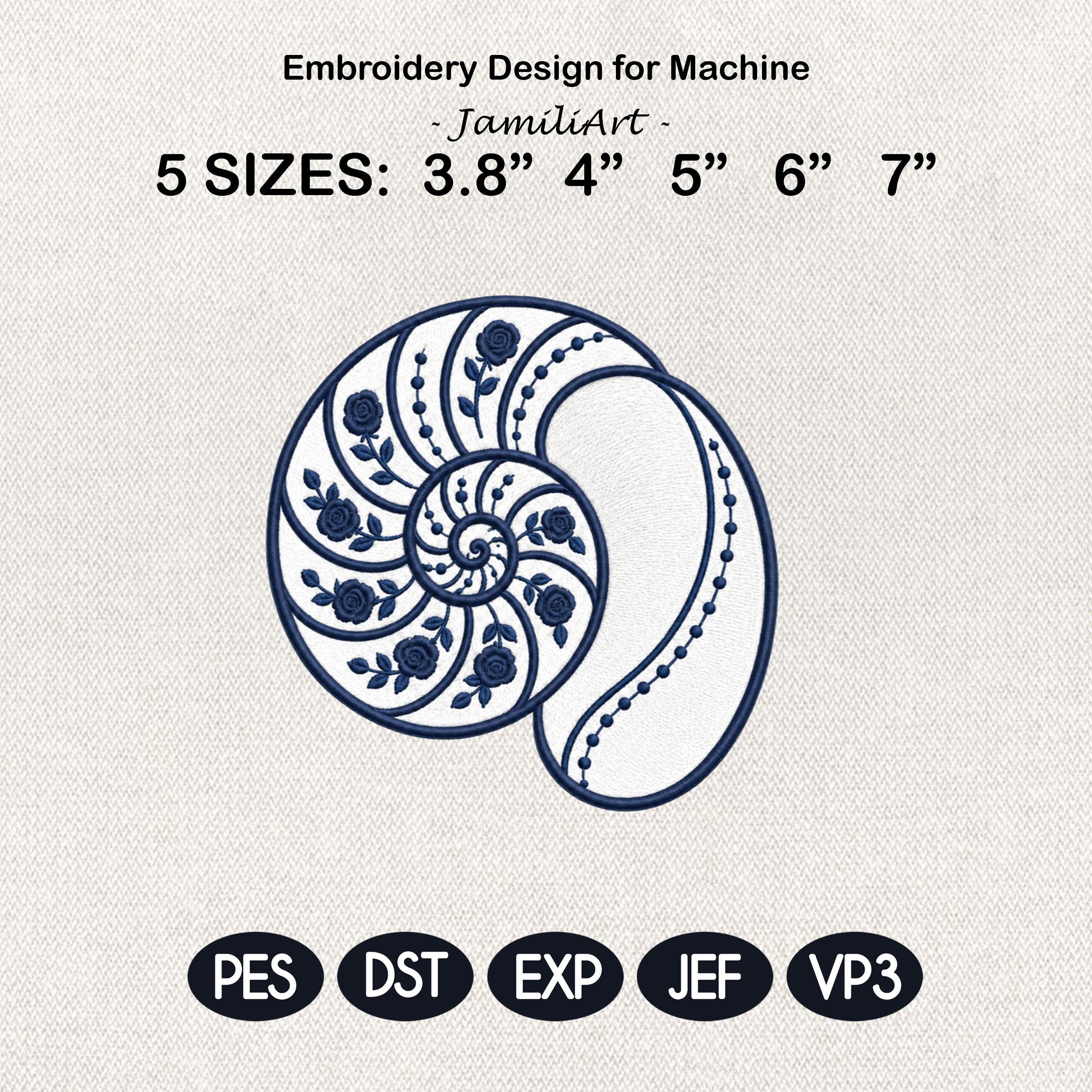 Blue Chinoiserie Nautilus Shell Embroidery Design, Floral Coastal Seashell Machine File, 5 sizes, Digital Download