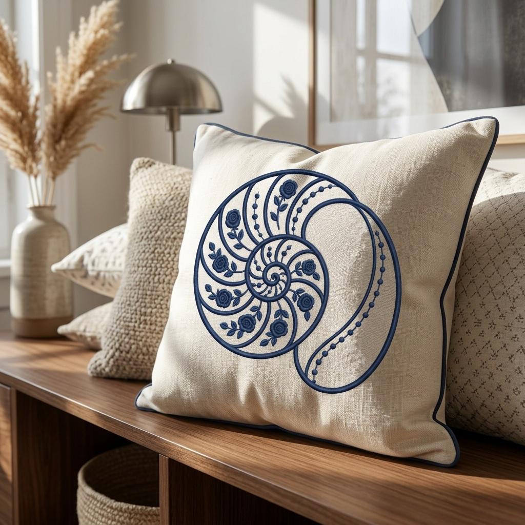 Blue Chinoiserie Nautilus Shell Embroidery Design, Floral Coastal Seashell Machine File, 5 sizes, Digital Download - image 5