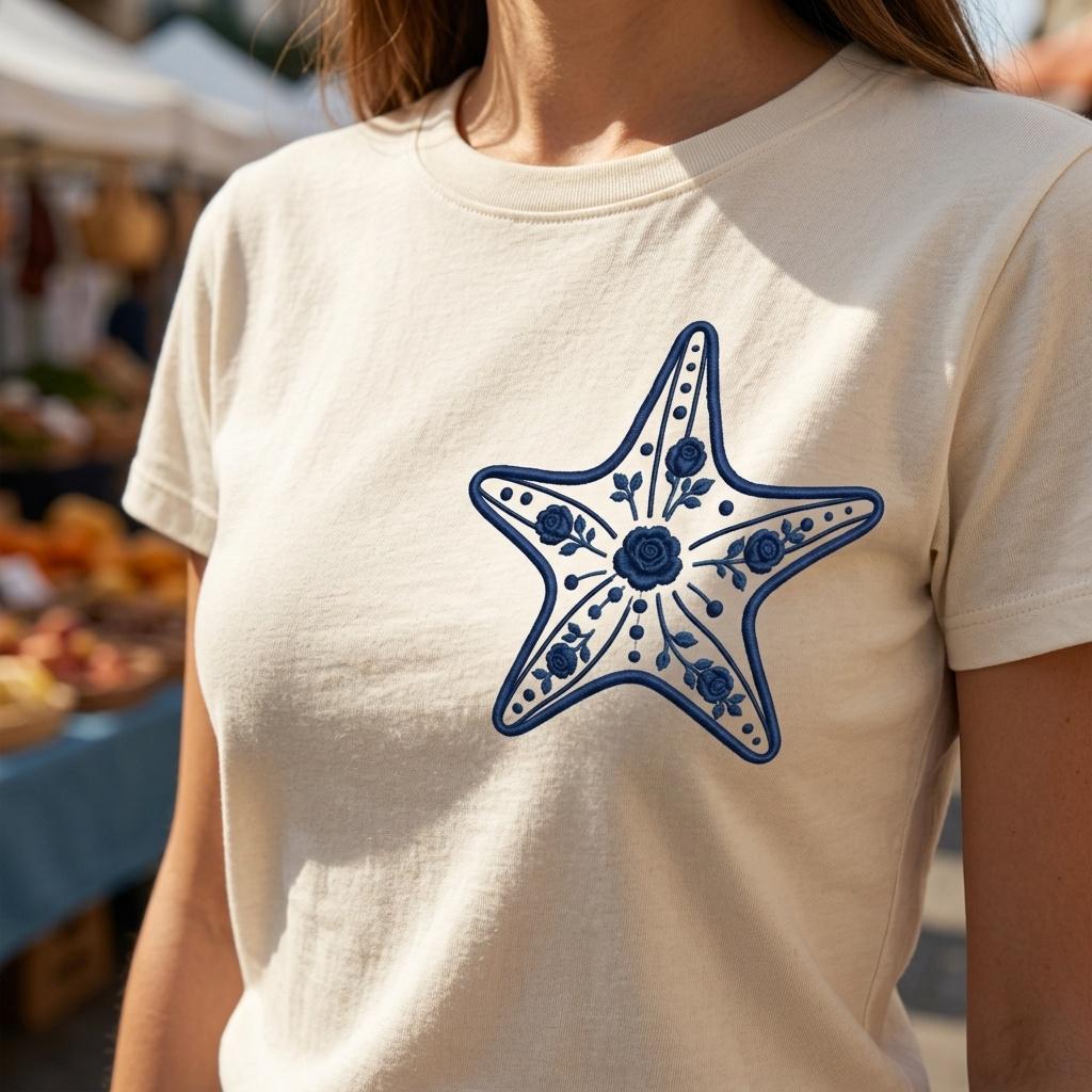 Floral Chinoiserie Starfish Embroidery Design, Blue White Coastal Beach Machine Embroidery File, 5 sizes, Digital Download - image 3