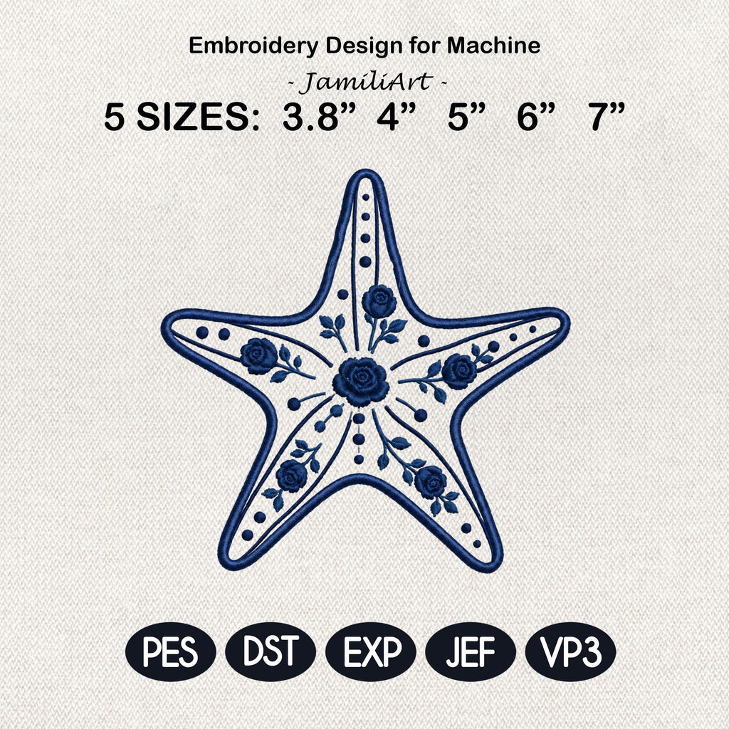 Floral Chinoiserie Starfish Embroidery Design, Blue White Coastal Beach Machine Embroidery File, 5 sizes, Digital Download