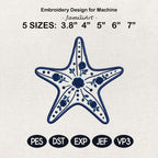 Floral Chinoiserie Starfish Embroidery Design, Blue White Coastal Beach Machine Embroidery File, 5 sizes, Digital Download