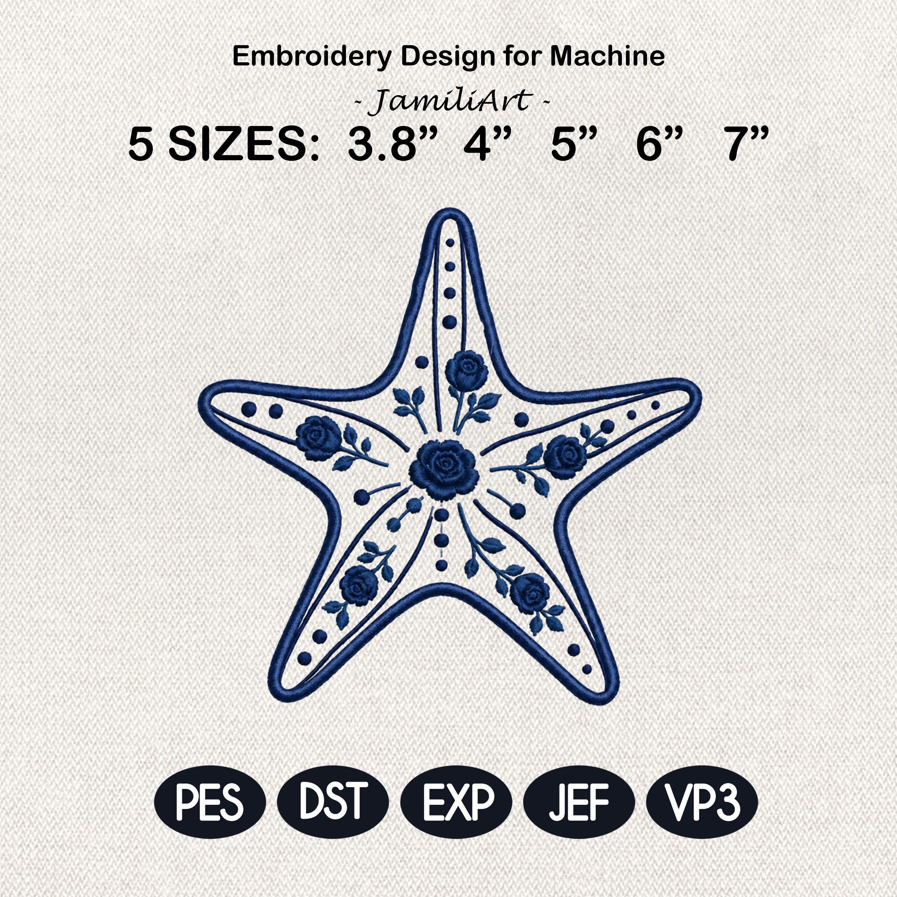 Floral Chinoiserie Starfish Embroidery Design, Blue White Coastal Beach Machine Embroidery File, 5 sizes, Digital Download