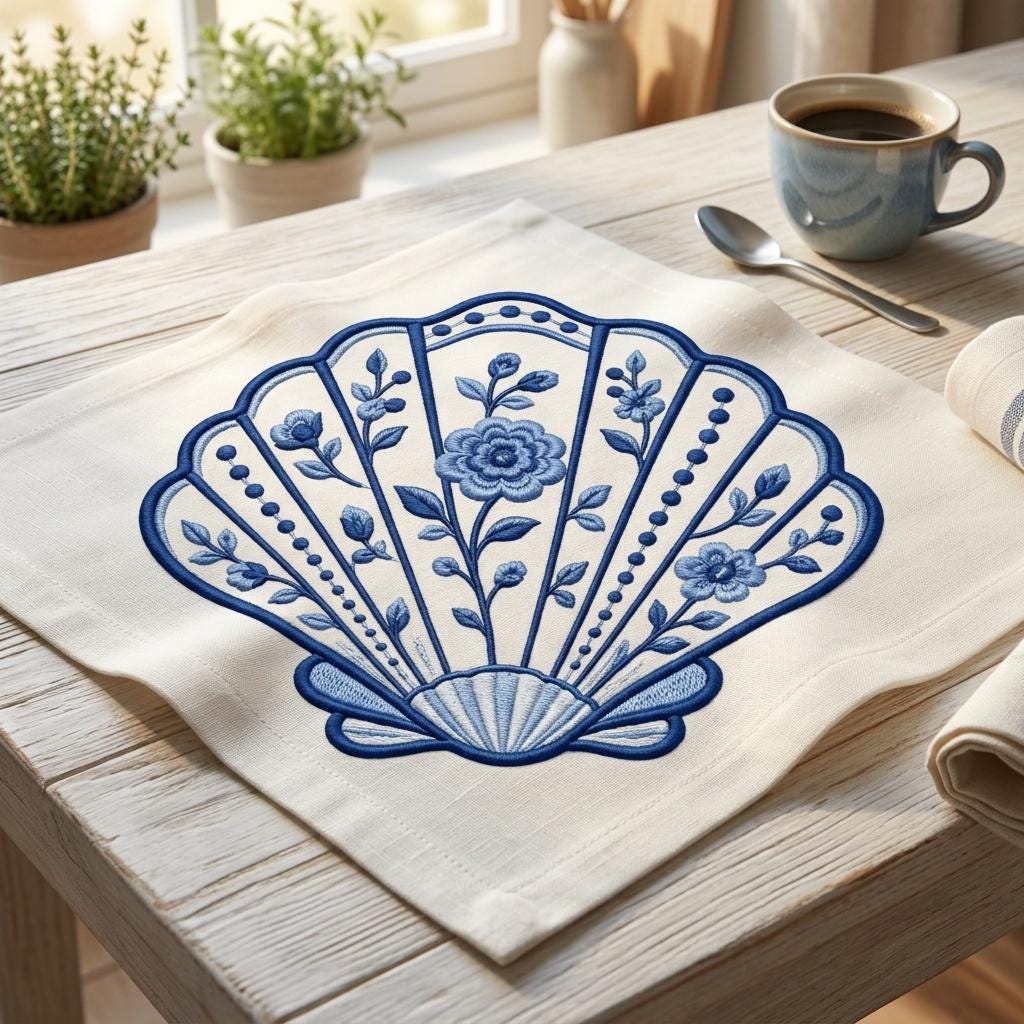 Chinoiserie Scallop Shell Embroidery Design, Blue Floral Coastal Seashell Machine File, 5 sizes, Digital Download - image 4
