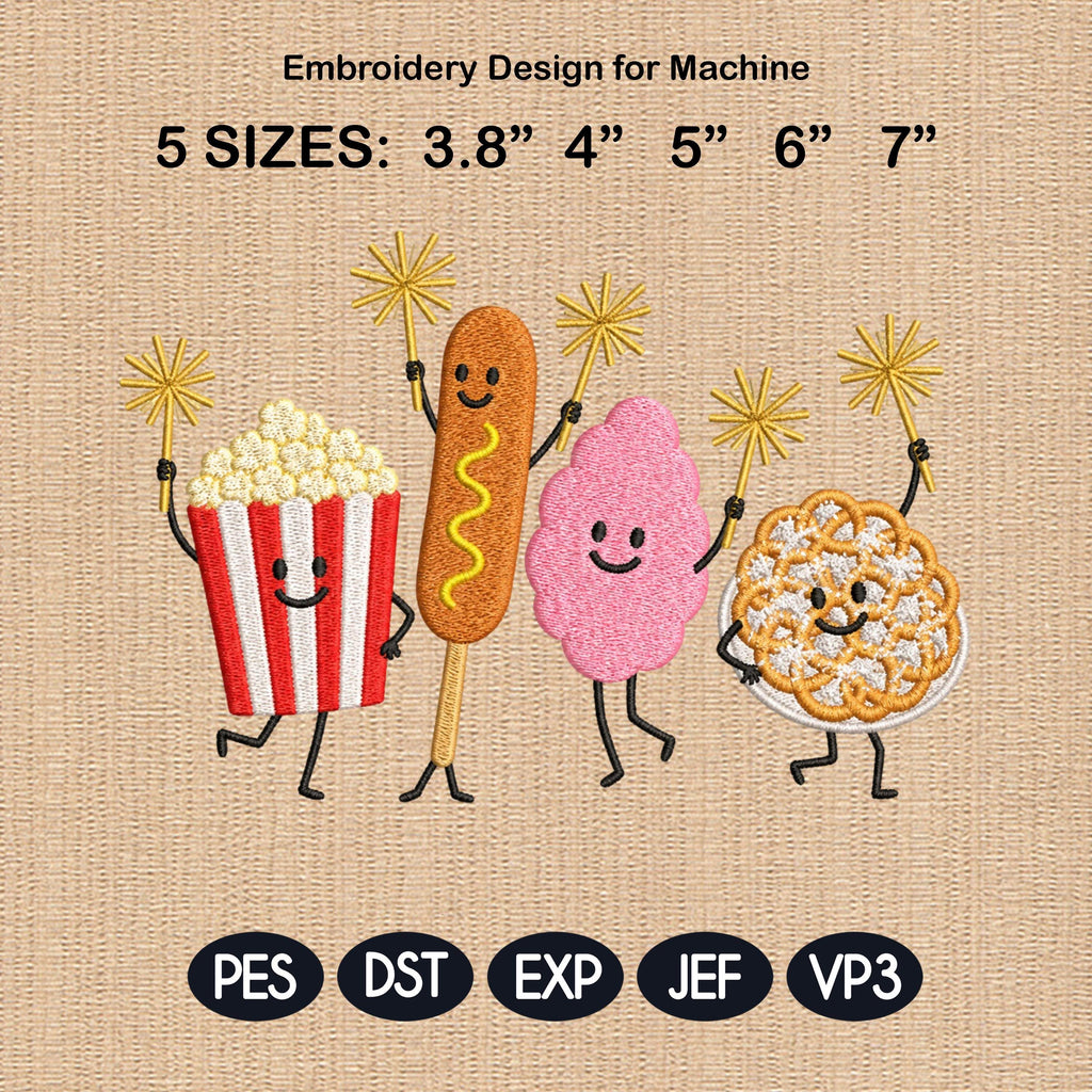 Funny Summer Snack Embroidery, Popcorn Hotdog Pretzel, Cute Patriotic Food Design, 5 sizes, Digital Download