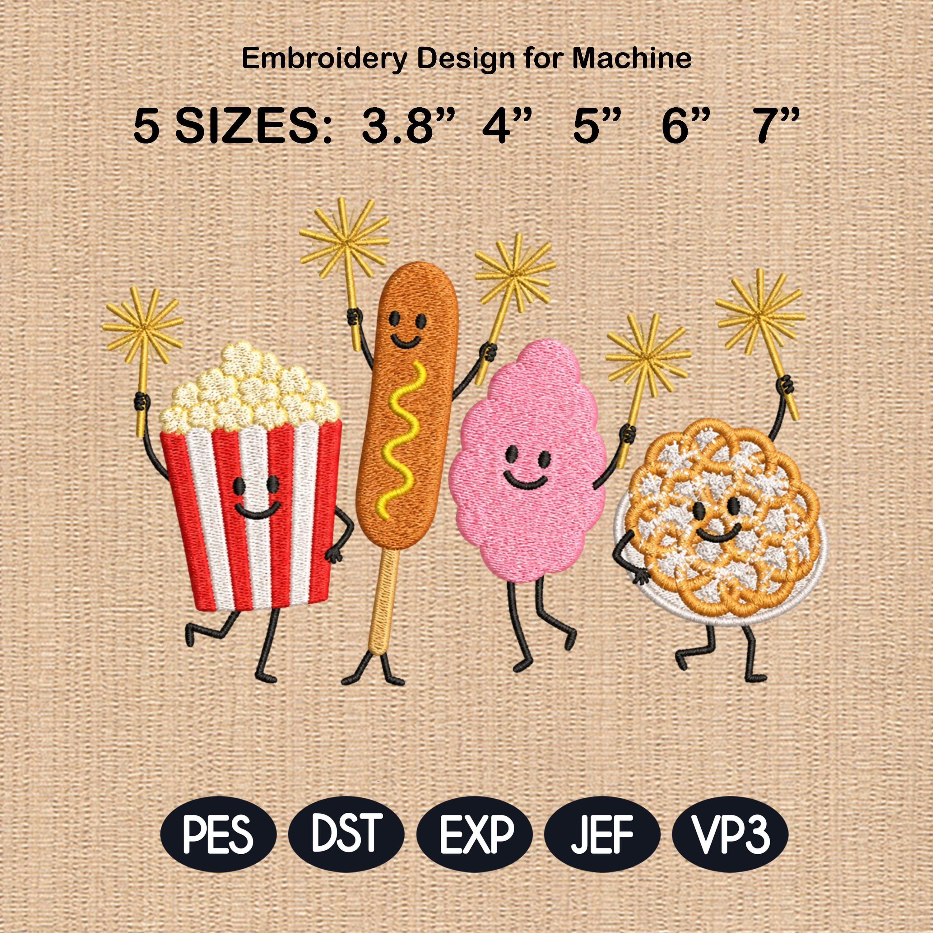 Funny Summer Snack Embroidery, Popcorn Hotdog Pretzel, Cute Patriotic Food Design, 5 sizes, Digital Download