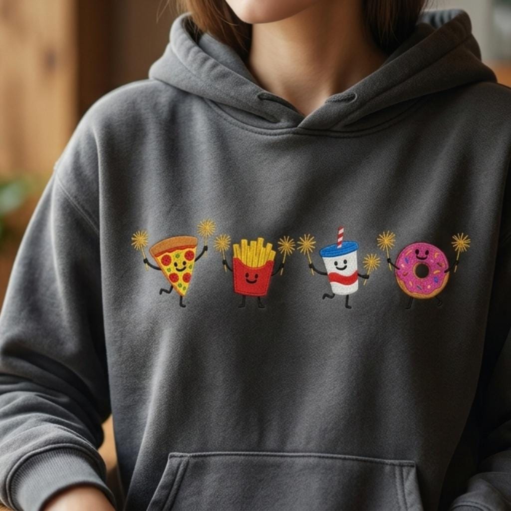 Summer Treat Embroidery Design, Pizza Fries Soda, Funny Cute Food, Patriotic Holiday Embroidery File, 5 sizes, Digital Download - image 4