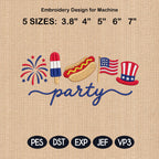 Patriotic 4th of July Embroidery File, American Icons Design, Stars & Fireworks Party, Machine Embroidery, 5 sizes, Digital Download