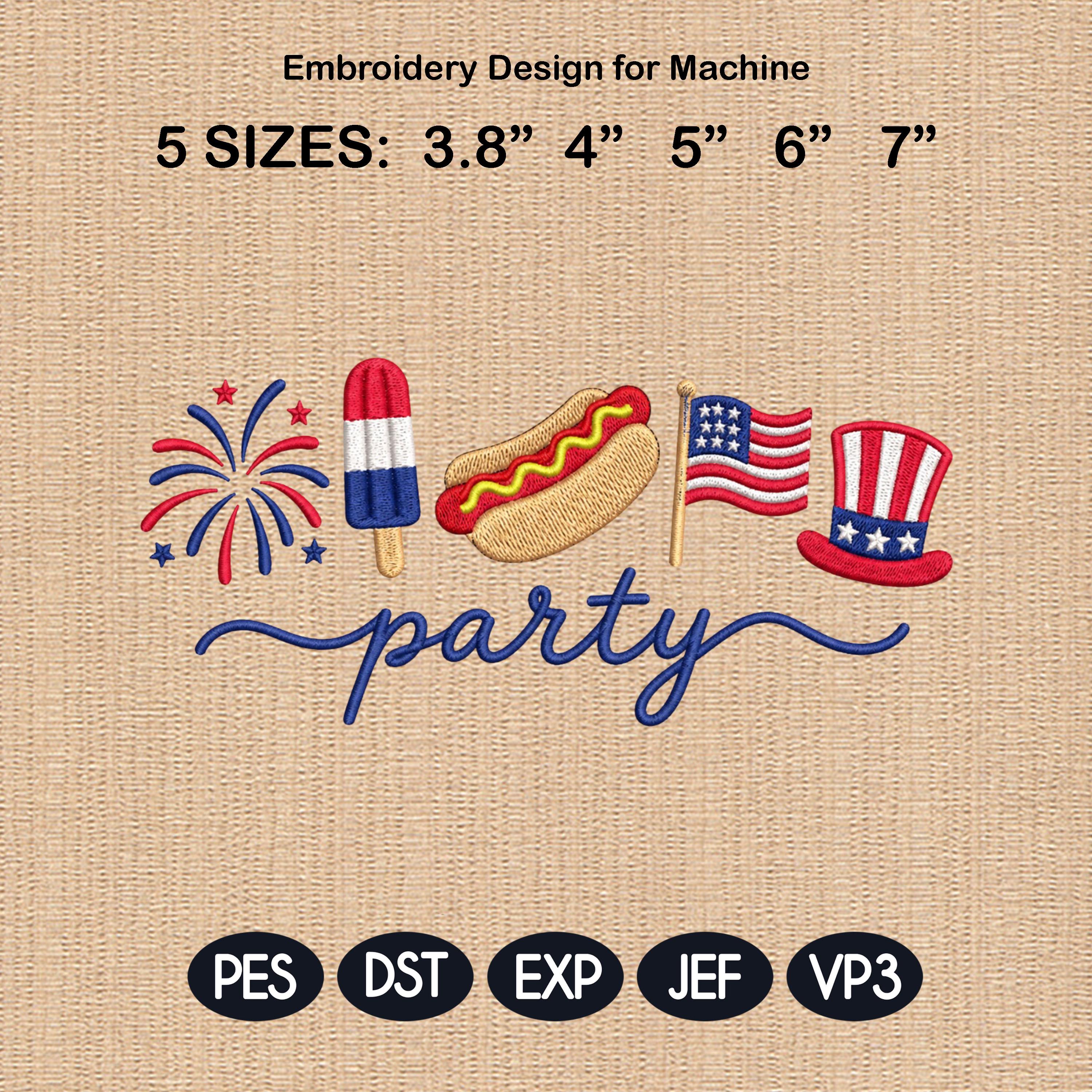 Patriotic 4th of July Embroidery File, American Icons Design, Stars & Fireworks Party, Machine Embroidery, 5 sizes, Digital Download