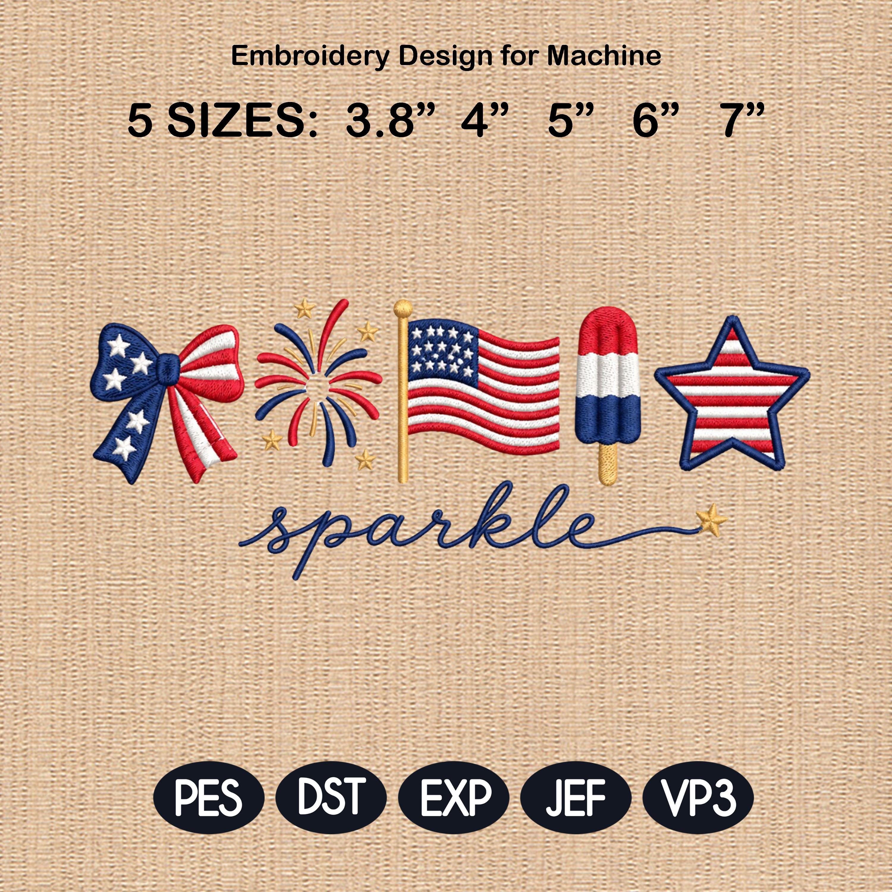 Sparkle Patriotic Bow Fireworks USA Flag Popsicle Hot Dog Embroidery File, 4th July Independence Day Machine, 5 sizes, Digital Download