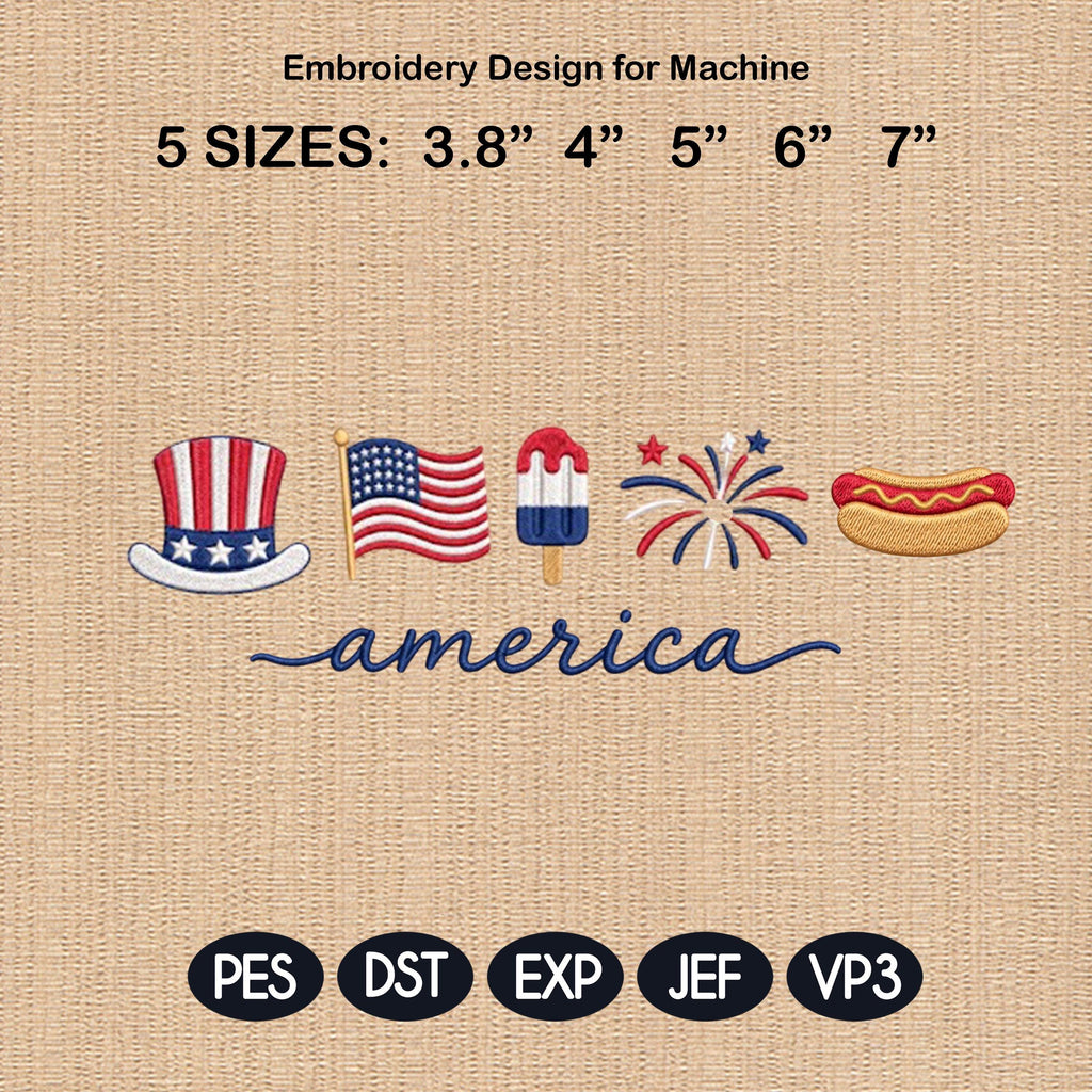 America Fireworks Bow USA Flag Popsicle Hot Dog Star Embroidery File, Patriotic 4th July Independence Day Machine, 5 sizes, Digital Download