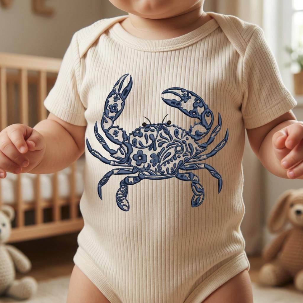 Chinoiserie Crab Embroidery Design, Blue Floral Crab Stitch, Nautical Coastal, Marine Animal Machine Embroidery, 5 sizes, Digital Download - image 5
