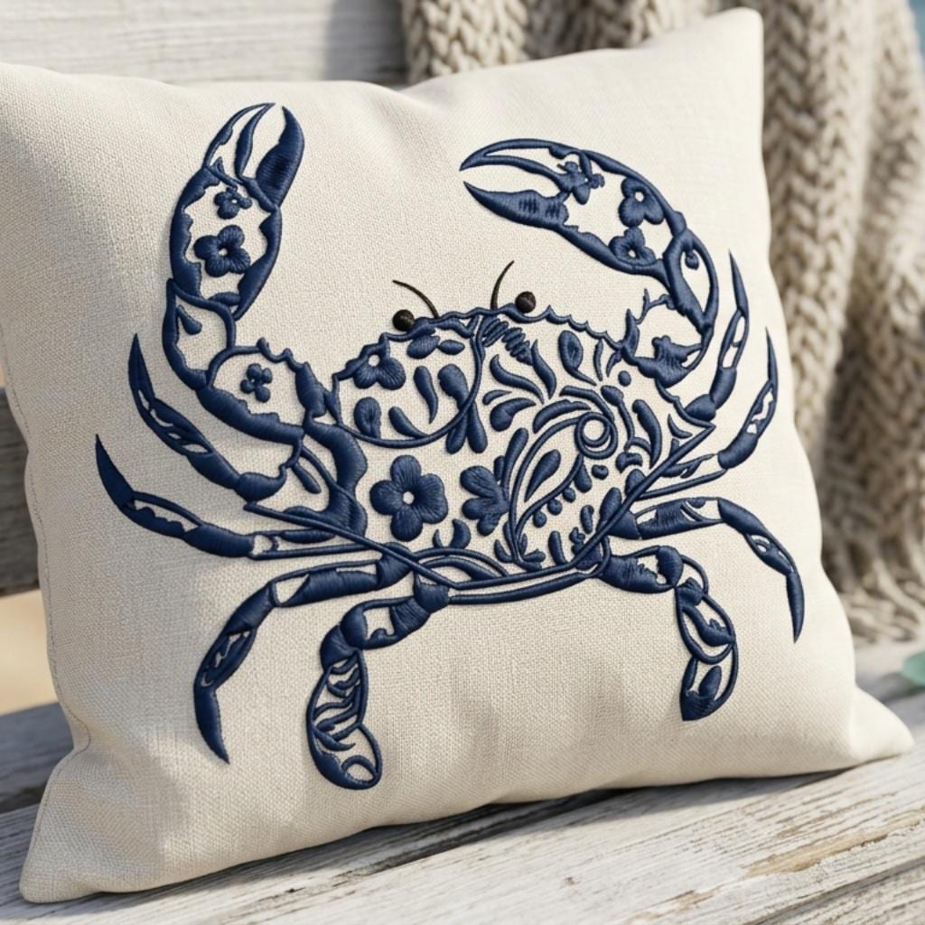 Chinoiserie Crab Embroidery Design, Blue Floral Crab Stitch, Nautical Coastal, Marine Animal Machine Embroidery, 5 sizes, Digital Download - image 6